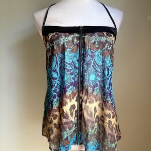 Y2K Blue Brown purple  Floral Tank Top animal print boho‎ cottage core large zip